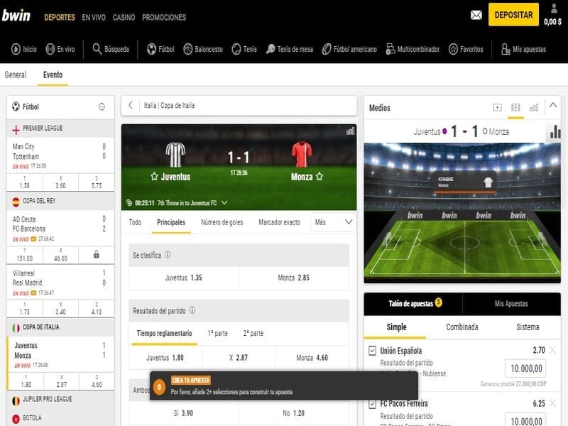 Apuesta en tiempo real con la Sección live de Bwin